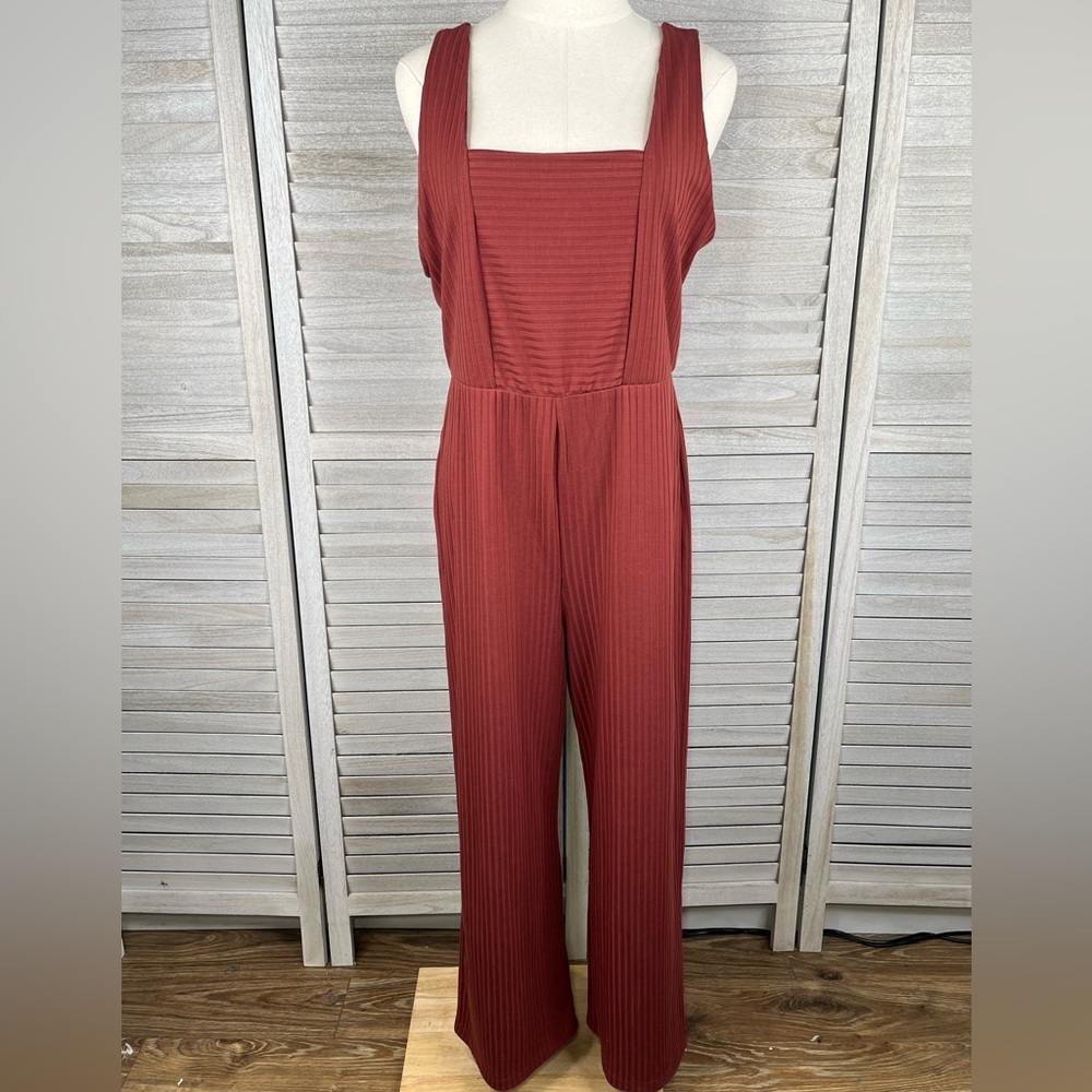 WILD FABLE Wide Leg Ribbed Jumpsuit w Square Neckline Washed Brick-Medium